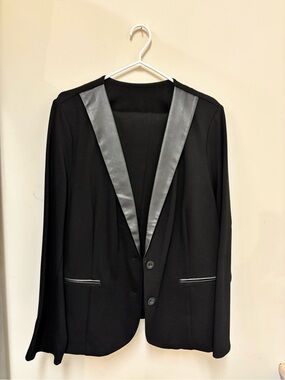 Black Leather-Trim Blazer Jacket